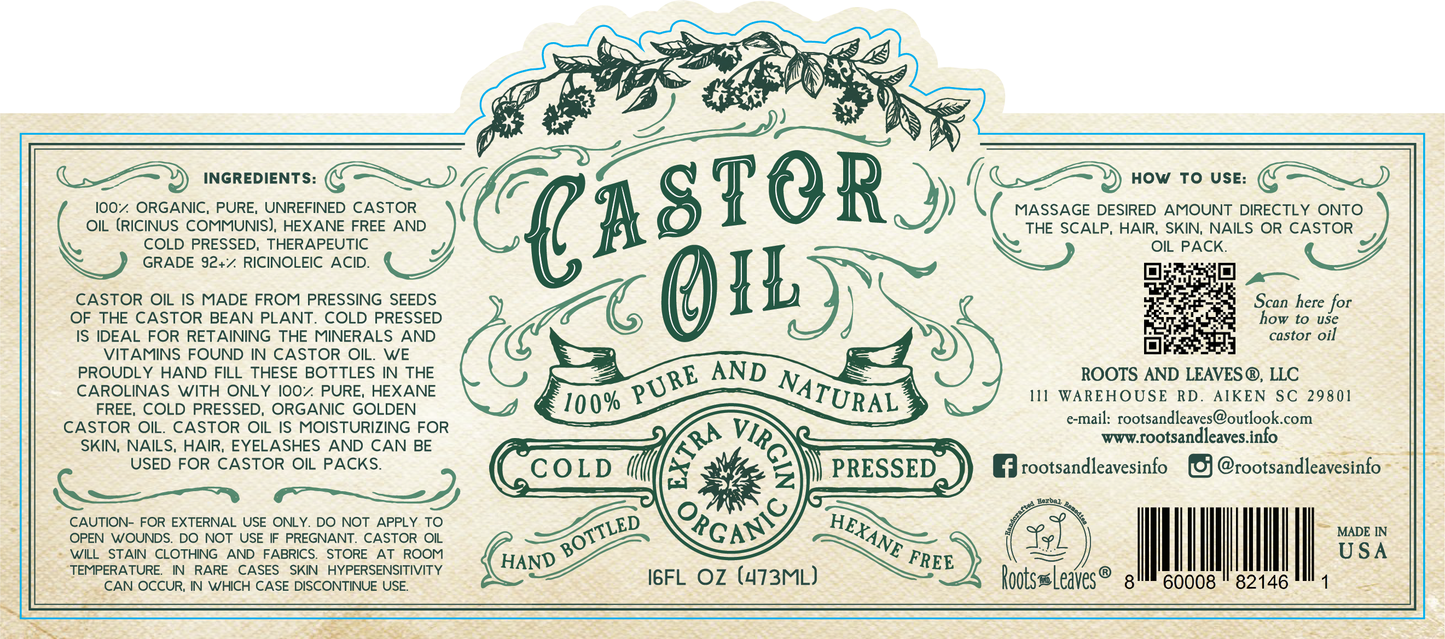 Castor Oil, Organic Cold Pressed Hexane Free USA bottled