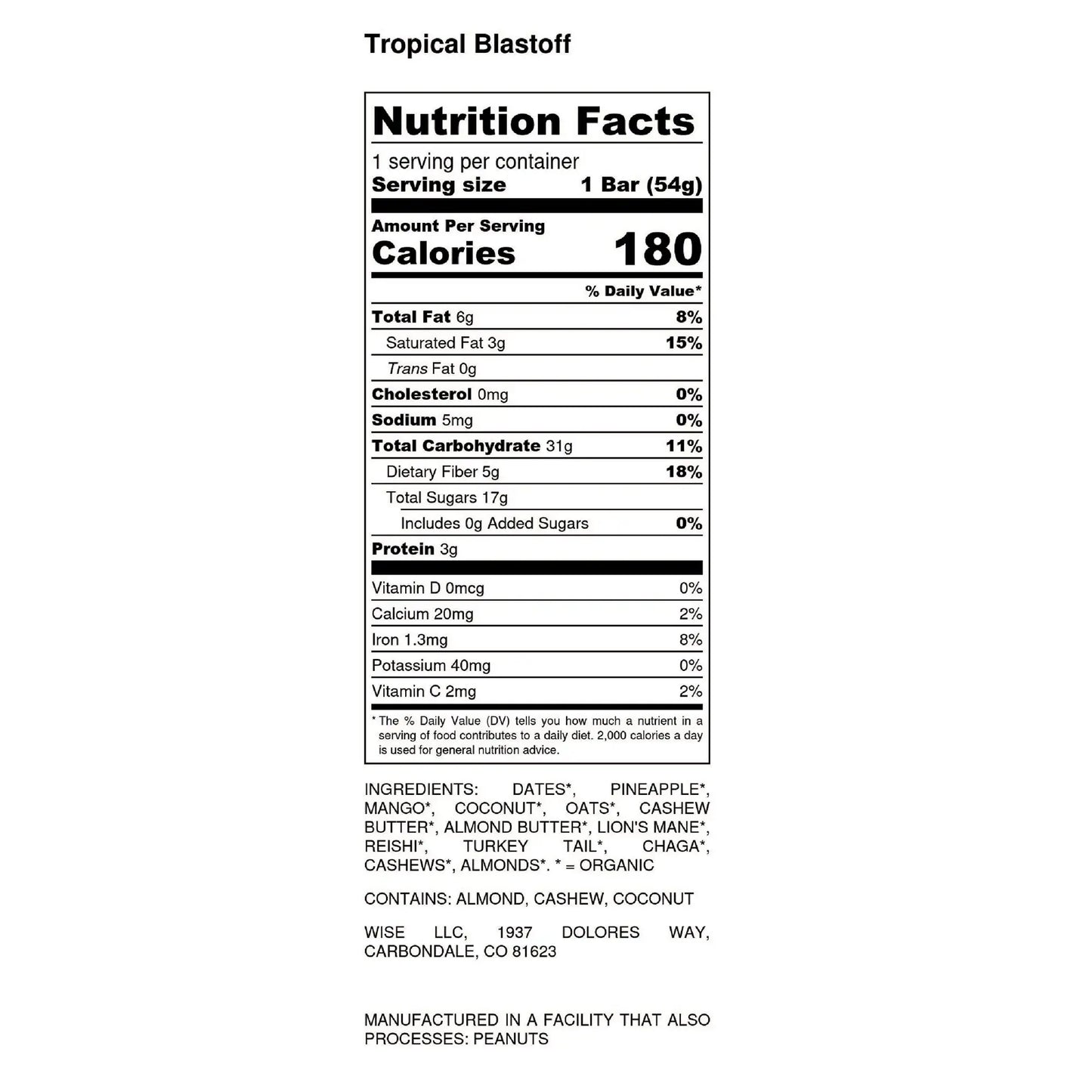 Wise Tropical Blastoff Adaptogen Mushroom Nutrition Bar