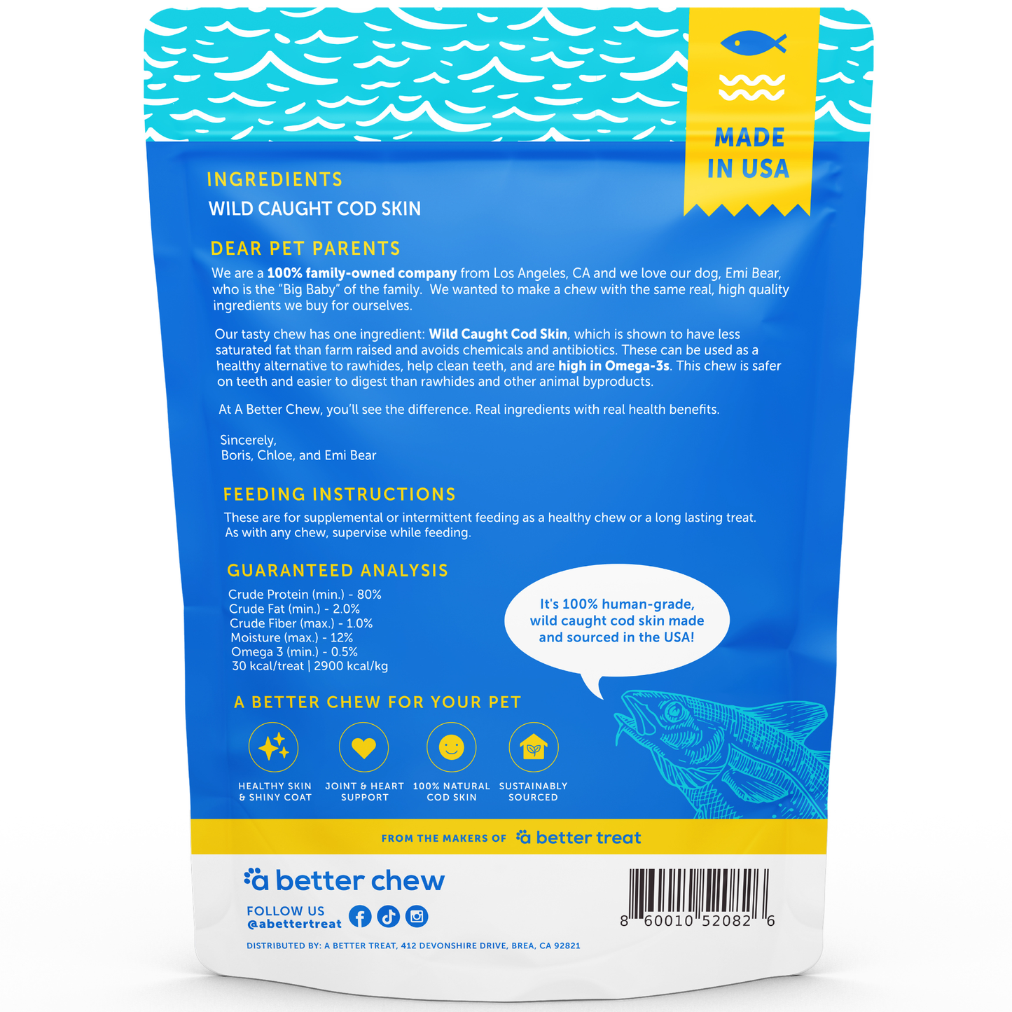 Dog Treats, Wild Caught Cod Skin Chews- Natural Alternative to Rawhides - Long Lasting