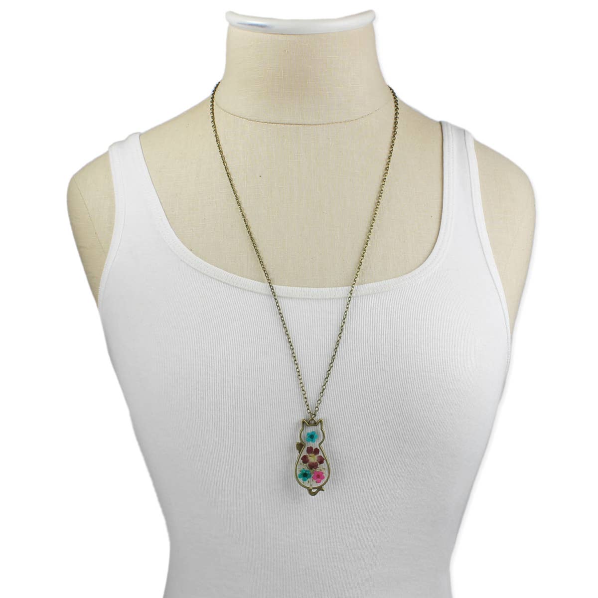 Necklace, Vintage Floral Feline Dried Flower Cat