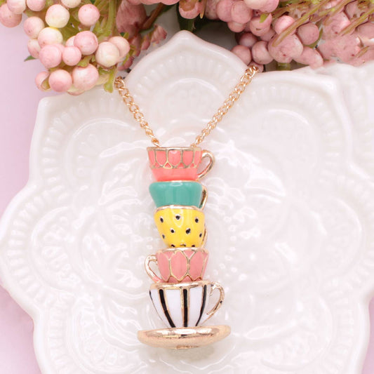 Necklace, Mad Hatter Pastel Teacup Stack Gold