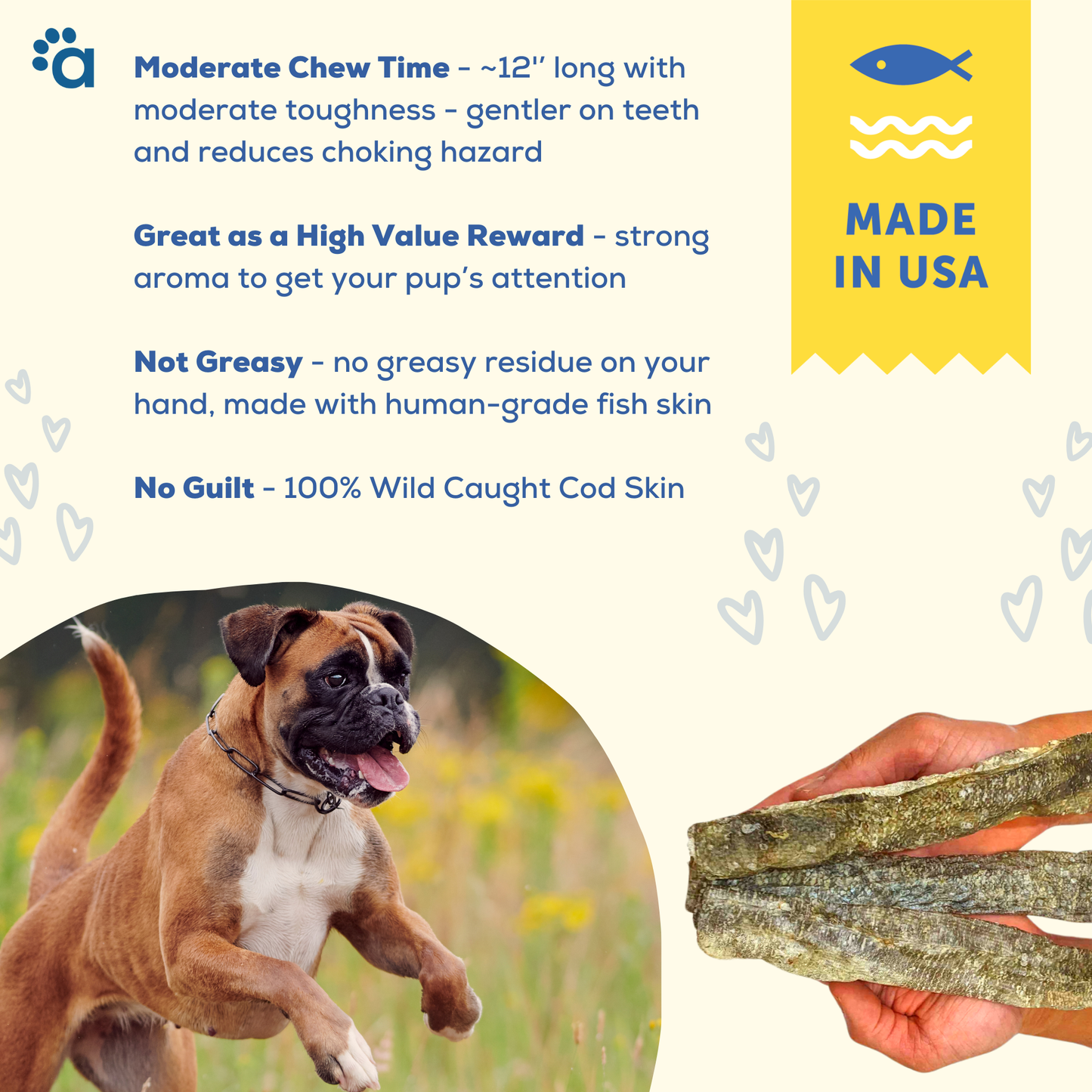 Dog Treats, Wild Caught Cod Skin Chews- Natural Alternative to Rawhides - Long Lasting