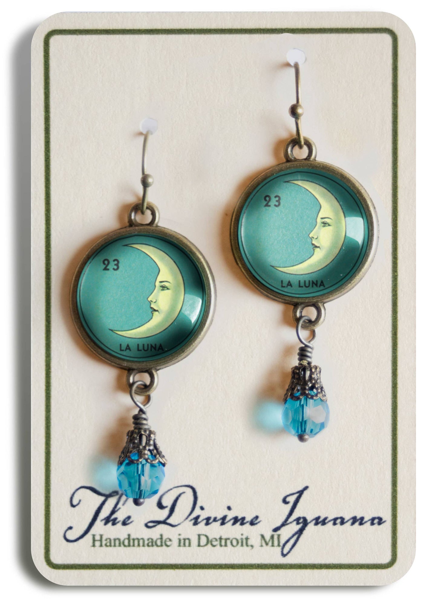 Loteria La Luna Crescent Moon Glass Cabochon Earrings