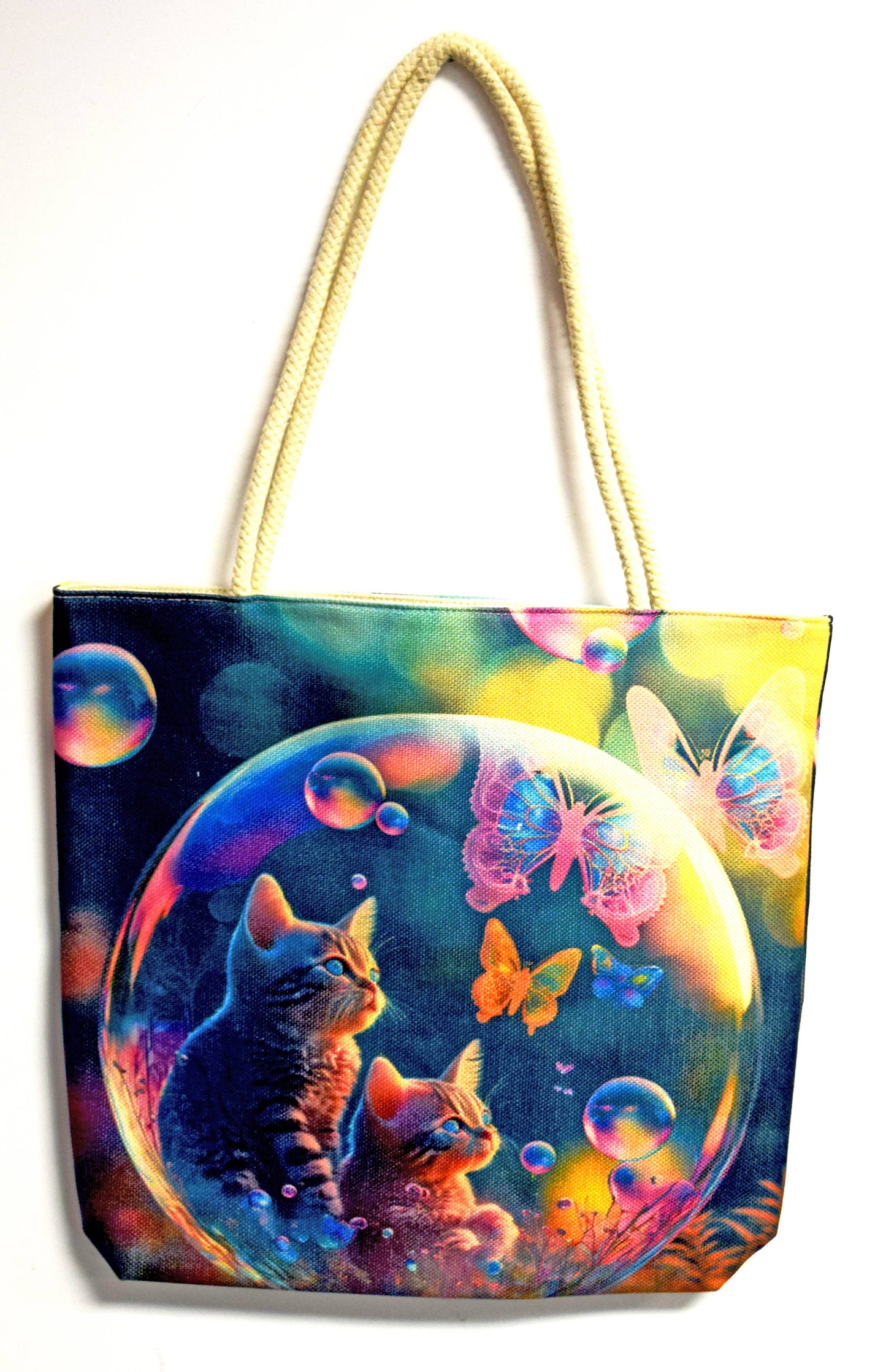 Cats in Bubble Techno Jute Tote Bag