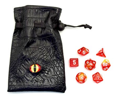 bag,7 gaming dice in a black embossed bag with an eye