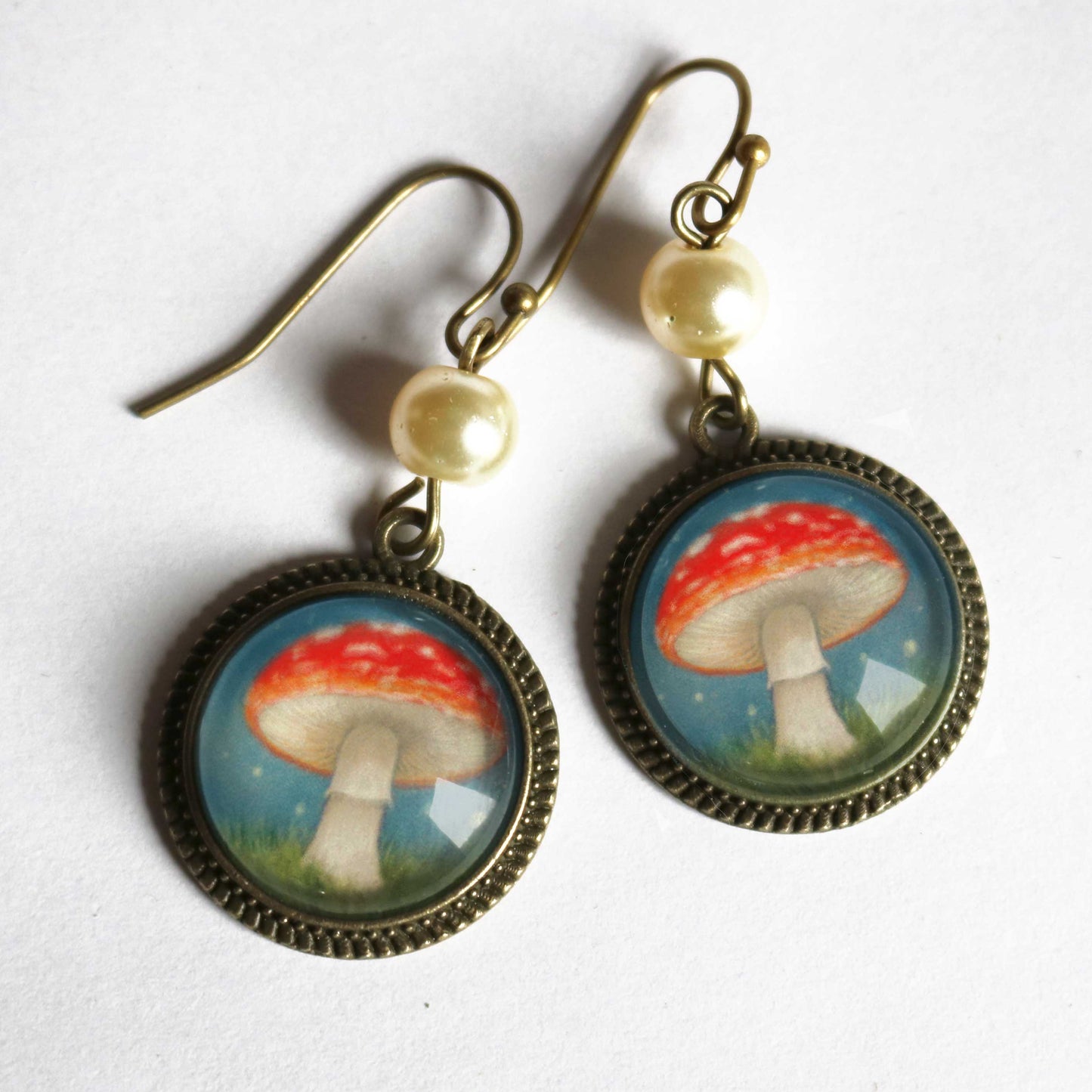 Moonlit Mushrooms  Glass Cabochon Earrings w/ Pearl Bead