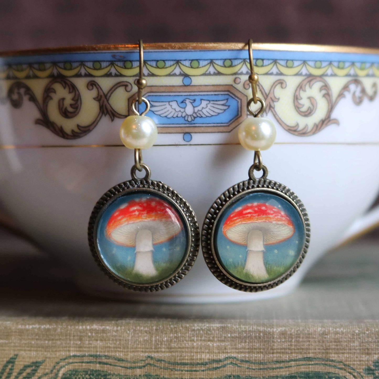 Moonlit Mushrooms  Glass Cabochon Earrings w/ Pearl Bead