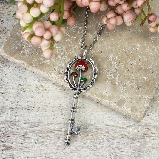 Necklace,Secret Garden Silver Mushroom Key