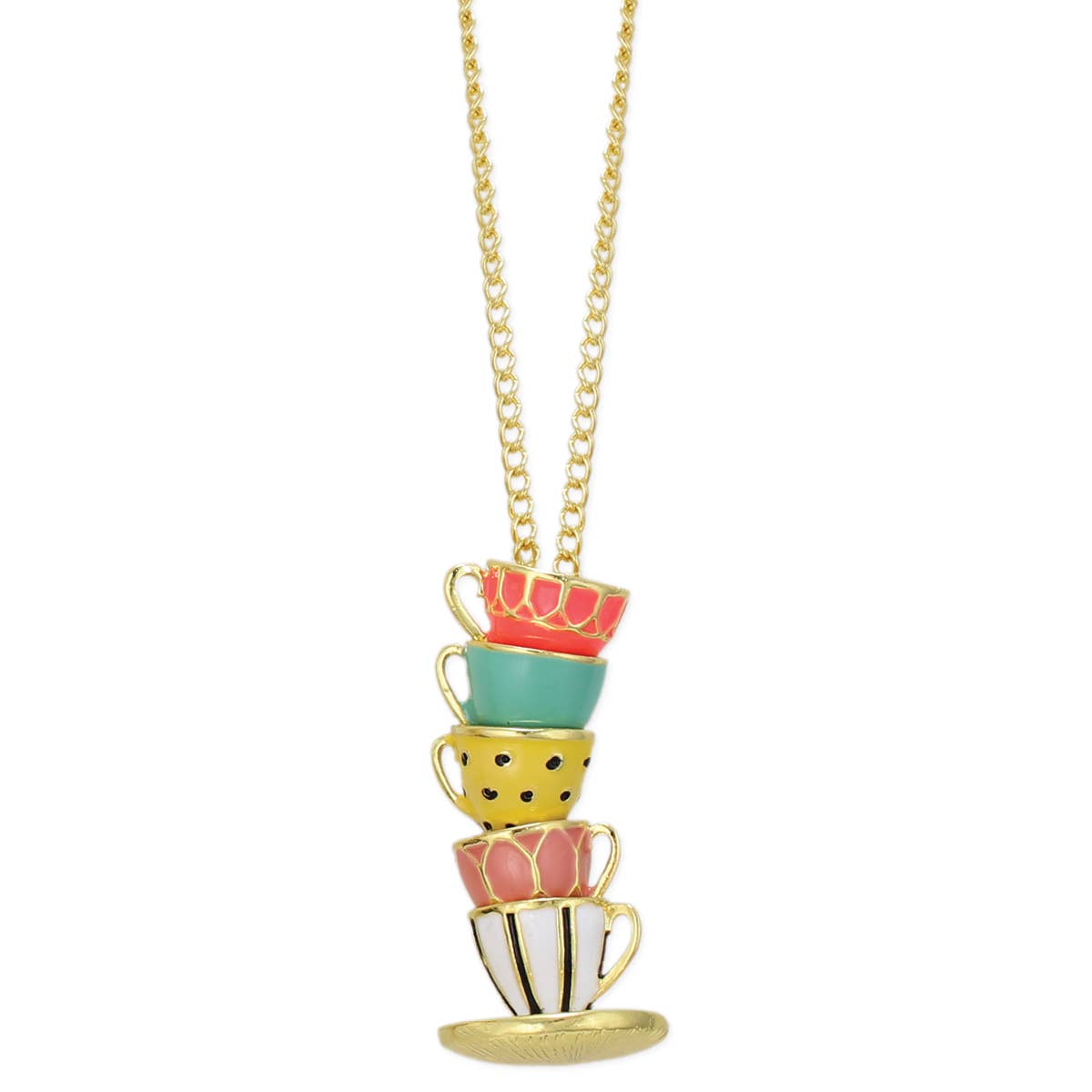 Necklace, Mad Hatter Pastel Teacup Stack Gold