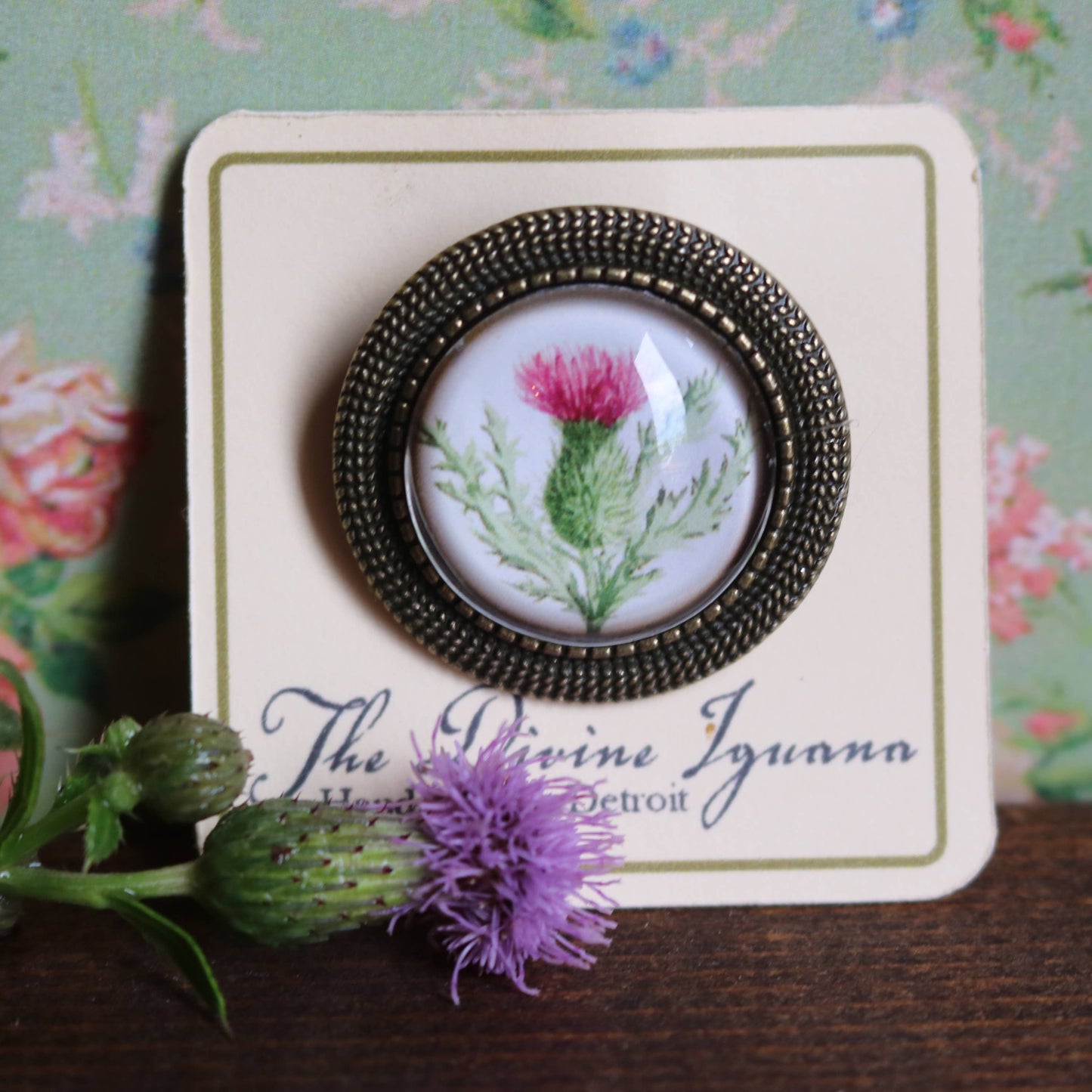 Scottish Thistle Glass Cabochon Brooch