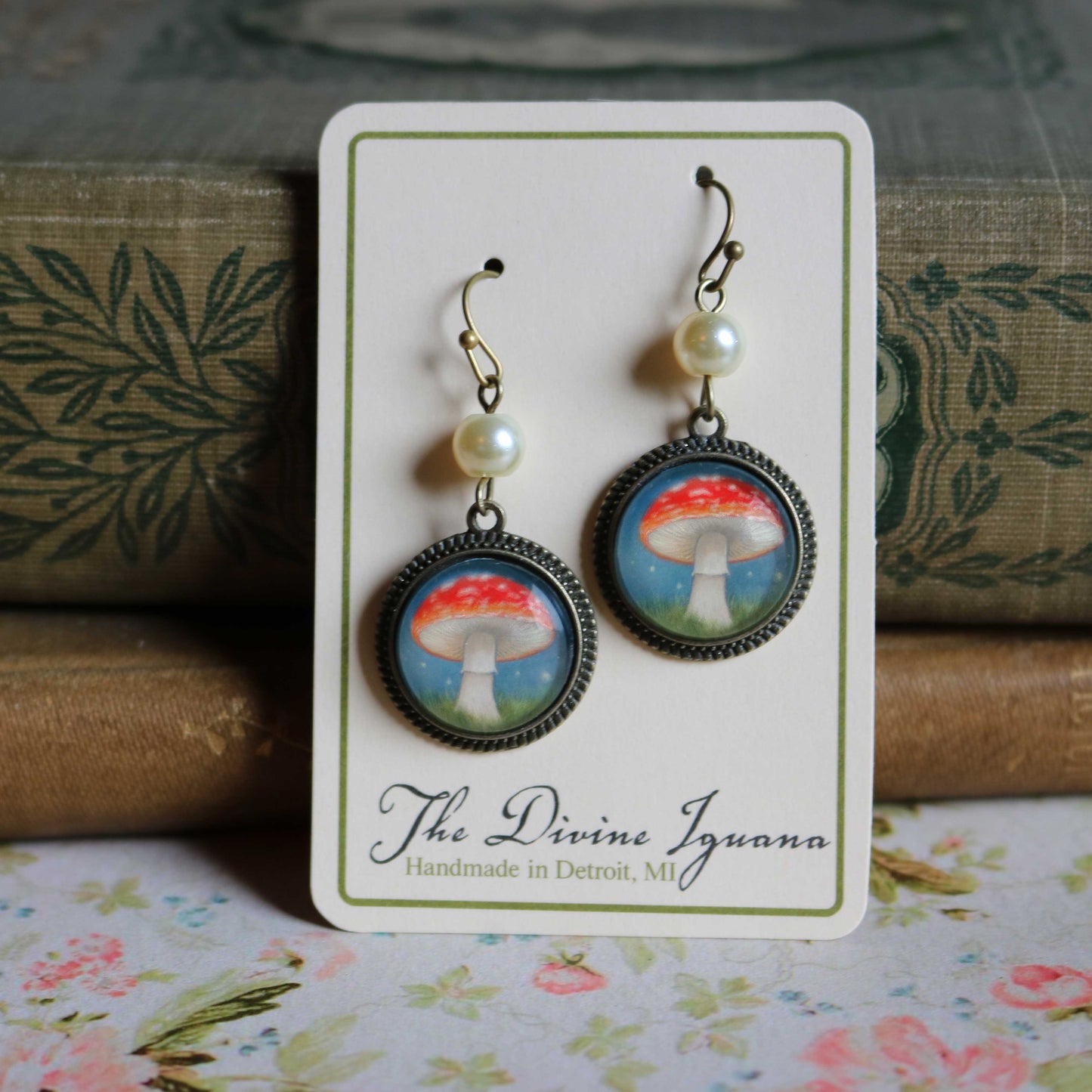 Moonlit Mushrooms  Glass Cabochon Earrings w/ Pearl Bead