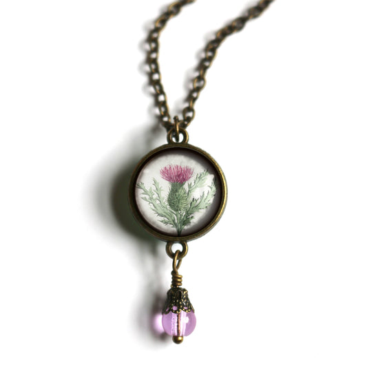 Scottish Thistle Glass Cabochon Pendant Necklace With Bead