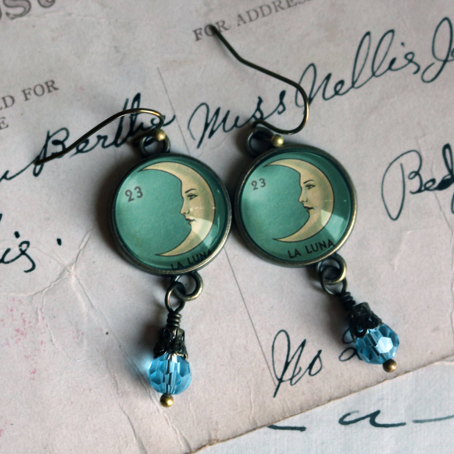 Loteria La Luna Crescent Moon Glass Cabochon Earrings