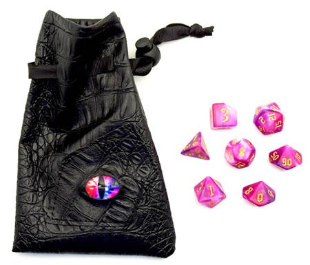 Bag,7 Gaming Dice in a Black PVC Bag with an eye