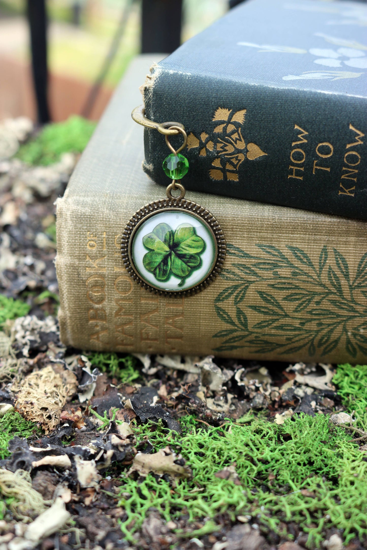 Shamrock or Four Leaf Clover Irish Bronze and Glass Bookmark