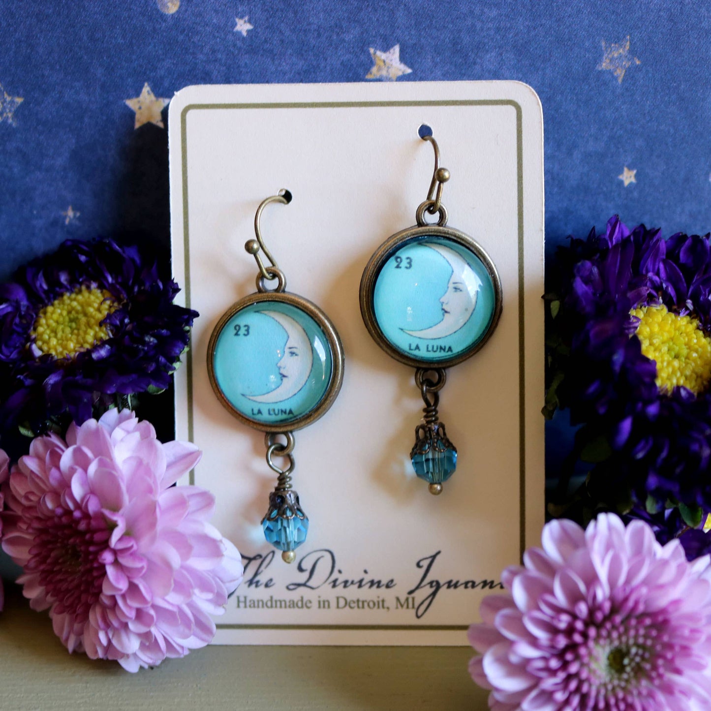 Loteria La Luna Crescent Moon Glass Cabochon Earrings