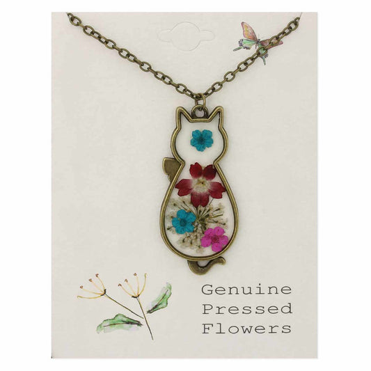 Necklace, Vintage Floral Feline Dried Flower Cat