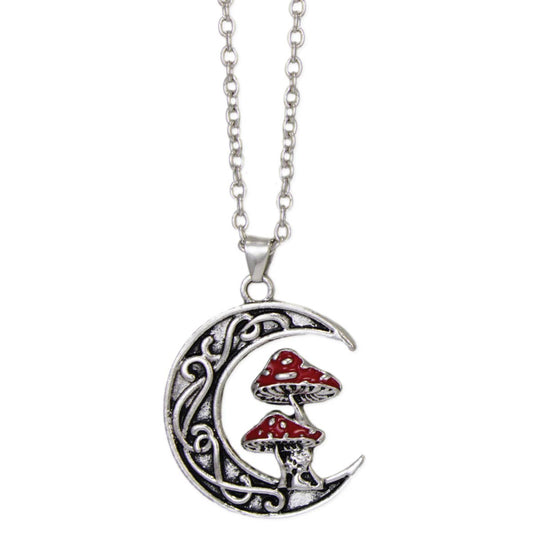 Necklace, Mystic Mushroom Crescent Moon Silver